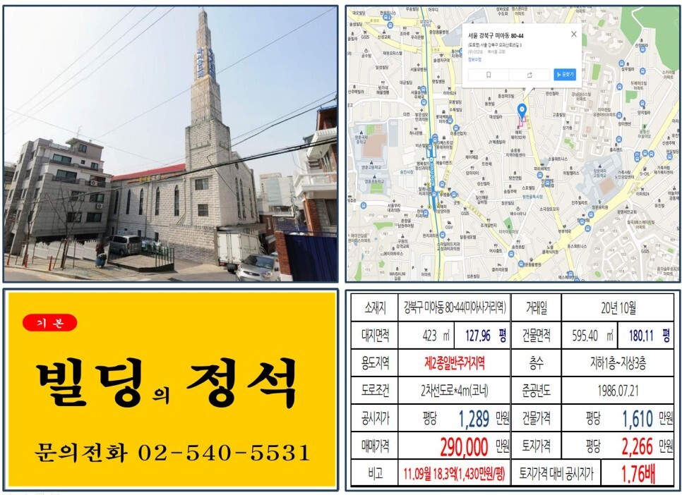  [강북구 북서울꿈의숲 20억 꼬마빌딩 실거래가 조회] 미아동 80-44 (미아사거리역) 29억 원, 평당 2,266만 원 매매되었습니다. 영훈국