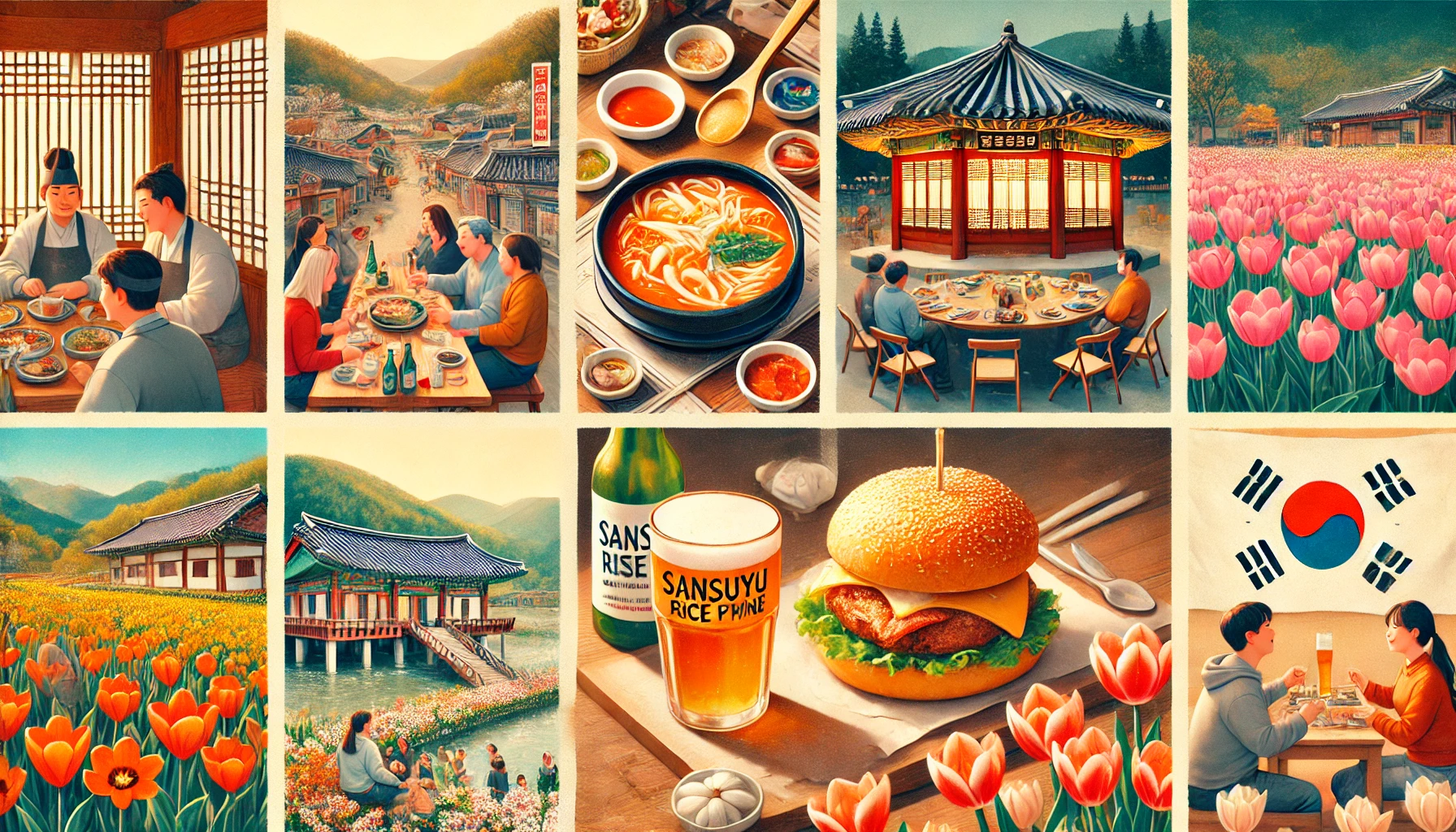 2025년 3월 봄꽃 축제 근처의 맛집과 숙소 콜라주. 광양 매화축제의 전통 한식, 구례 산수유꽃축제의 산수유 막걸리, 에버랜드 튤립축제 근처의 수제버거, 진해 군항제에서 즐길 수 있는 해장국 등 지역별 미식 여행의 매력을 담은 장면.