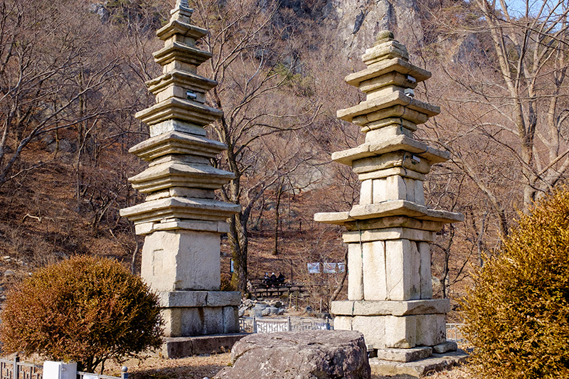 계룡산 청량사터에 있는 남매탑. 왼쪽 탑은 정림사지 석탑을 본 땄고, 오른쪽 탑은 미륵사지 석탑이 연상된다.