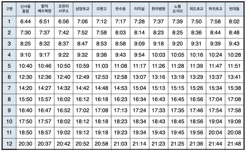 제주-301번버스-주말시간표