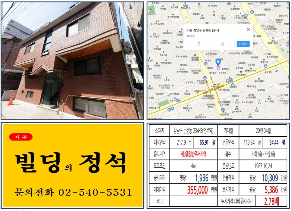  [강남구 차병원사거리 30억 꼬마빌딩 신축부지 실거래가 조회] 논현동 234-5 (언주역) 35억 5,000만 원, 평당 5,386만 원 매매되