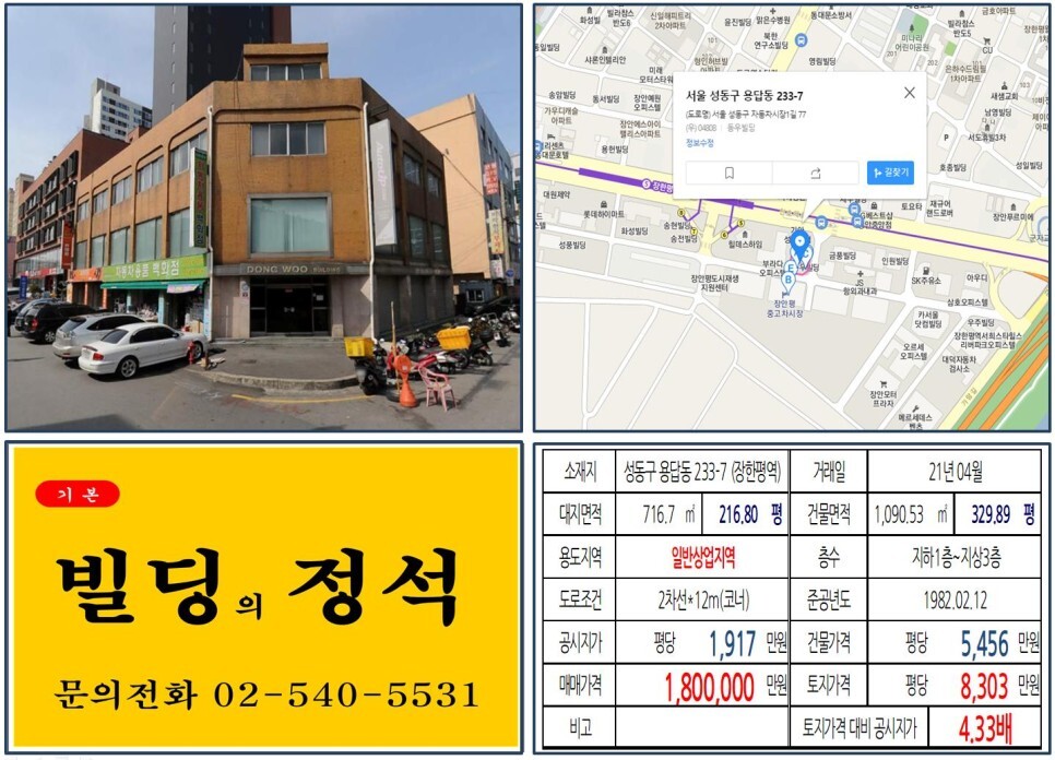  [성동구 장한평중고차시장 100억 올근생 꼬마빌딩 실거래가 조회] 용답동 233-7 (장한평역) 180억 원, 평당 8,303만 원 매매되었습니