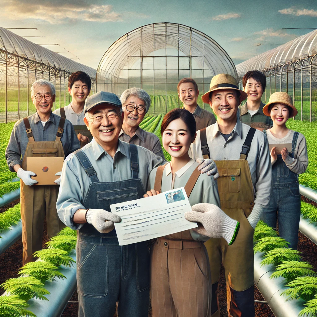 비닐하우스 앞에서 공익직불금 관련 서류를 들고 미소 짓는 가족 농민들 &ndash; 기본형 공익직불금 홍보 이미지