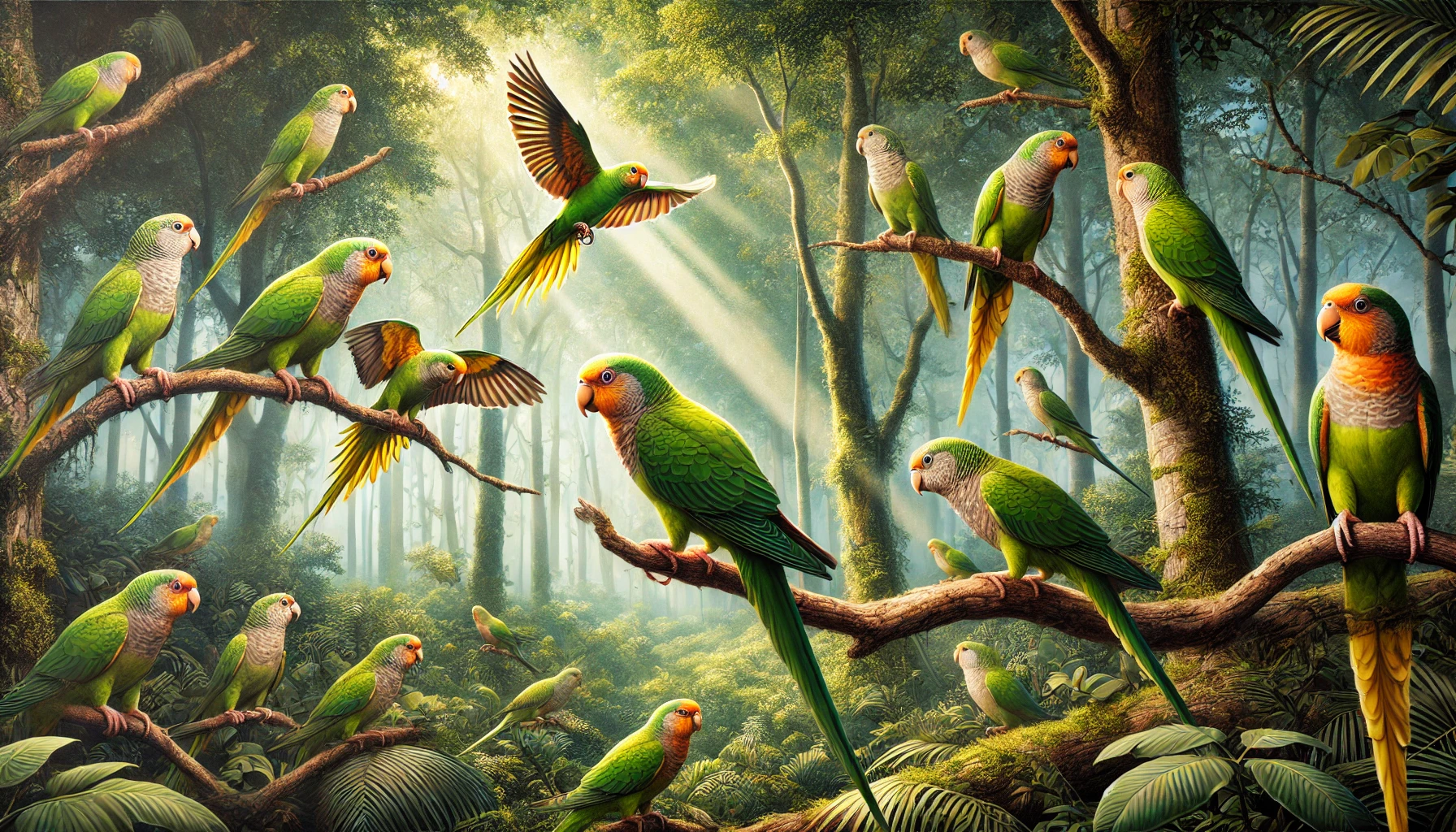 DALL·E 2025-02-25 21.33.08 - A realistic depiction of Carolina parakeets in a lush forest setting. The birds have vibrant green bodies, yellow heads, and orange faces. Some are pe.png