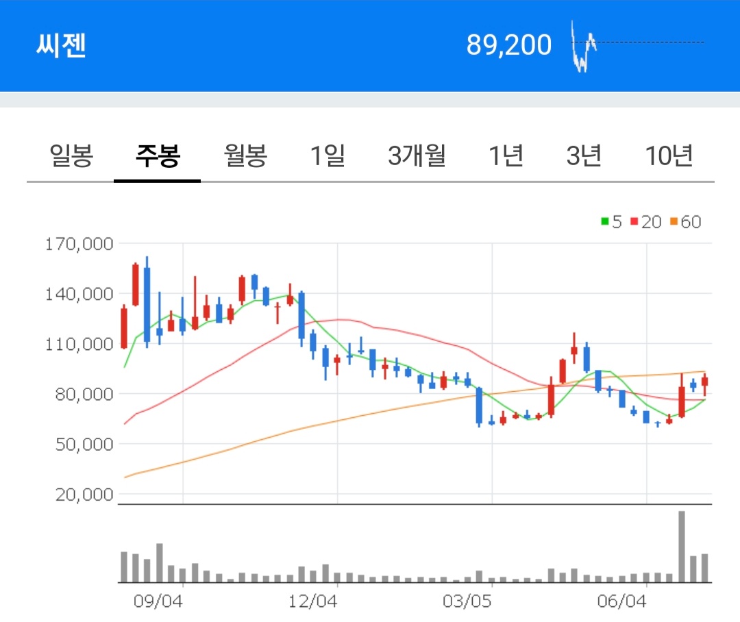 씨젠 주식 주봉차트