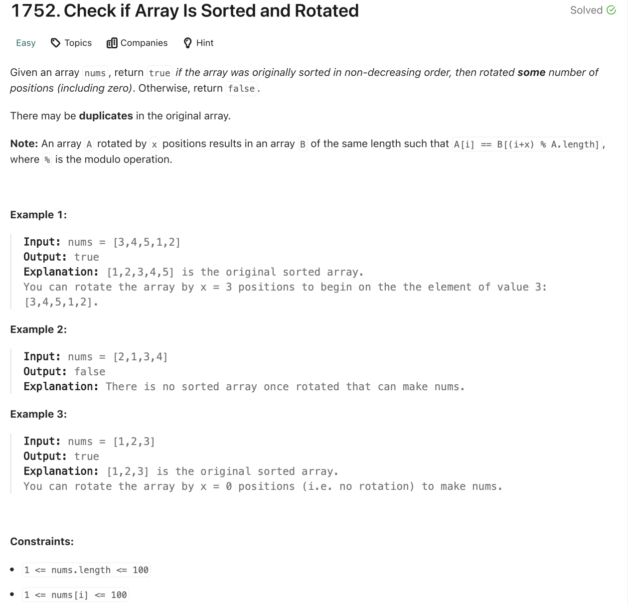 LeetCode [1752]: Check if Array Is Sorted and Rotated — 개발하는 장씨