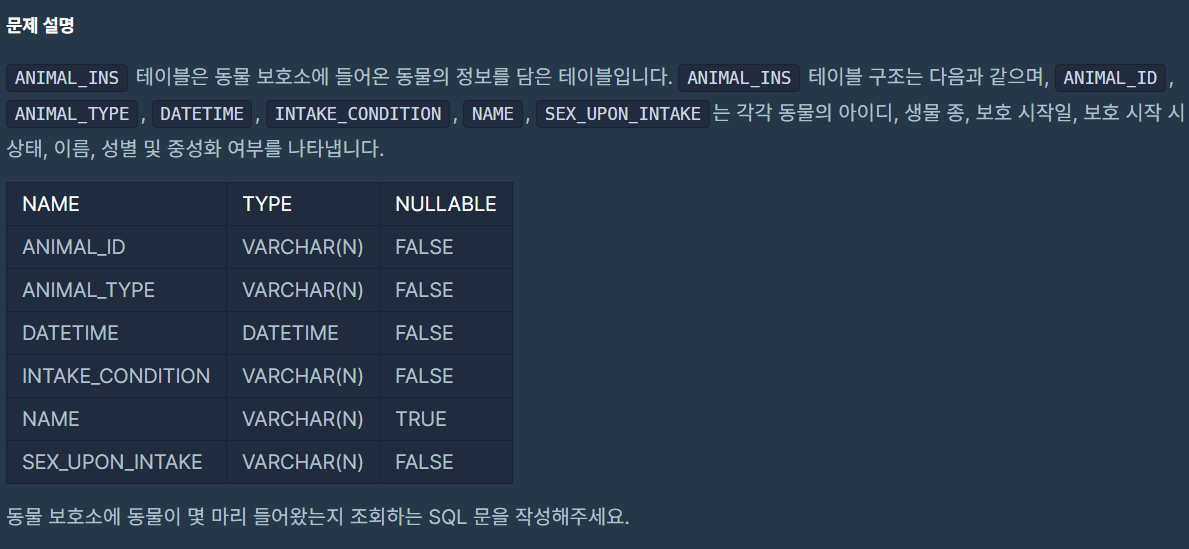  [프로그래머스] 동물 수 구하기