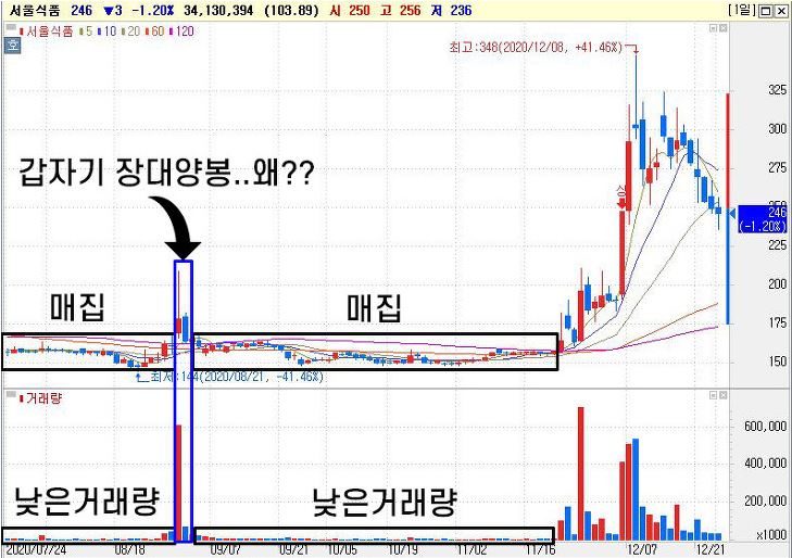 서울식품 매집 변수 중, 장대양봉 출현한 이미지