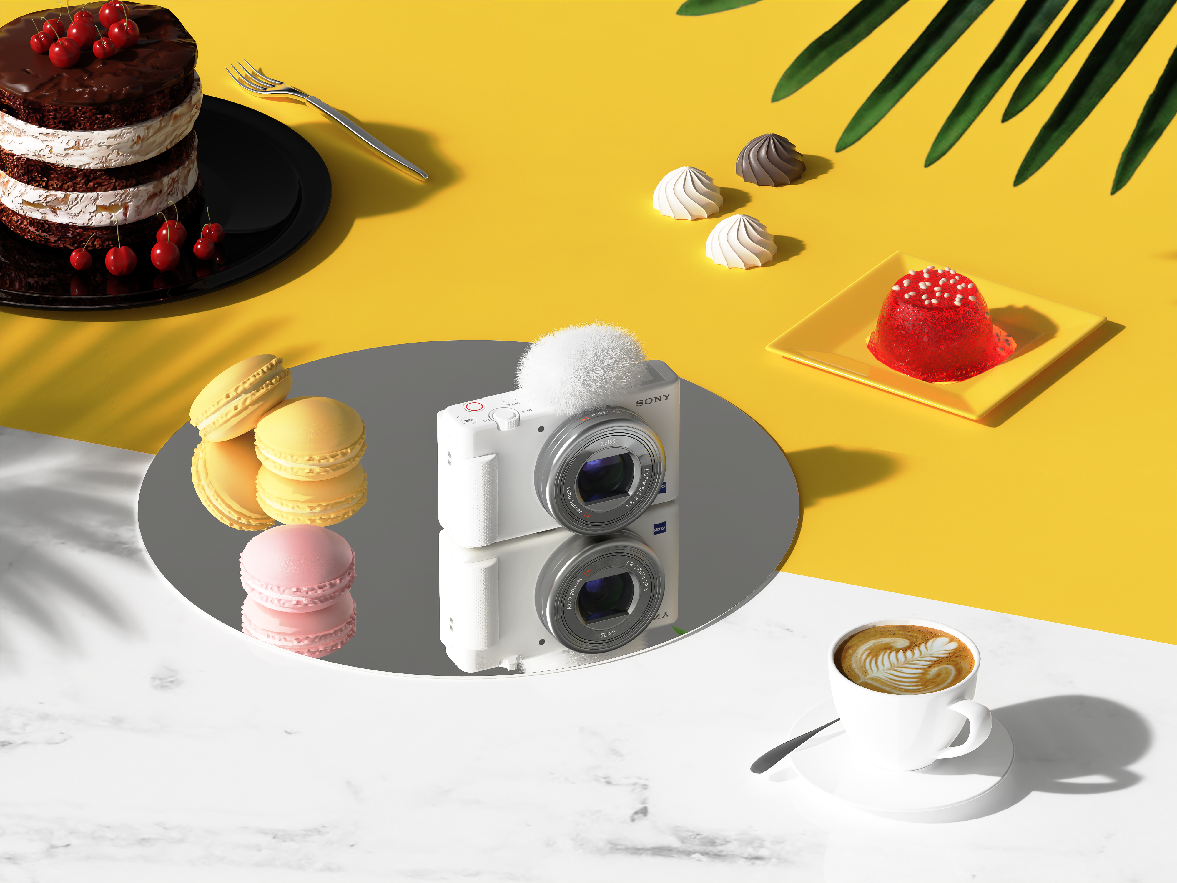 케이크와 마카롱, 커피와 소니 컴팩트 브이로그 카메라 ZV-1