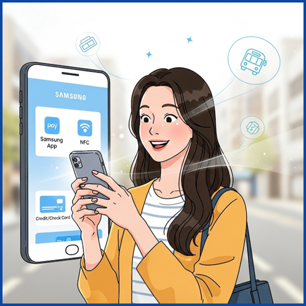 삼성페이 교통카드 등록을 위한 필수 준비물(스마트폰, 앱, 카드, NFC)과 간편한 등록 과정을 설명하는 한국 여성 일러스트.