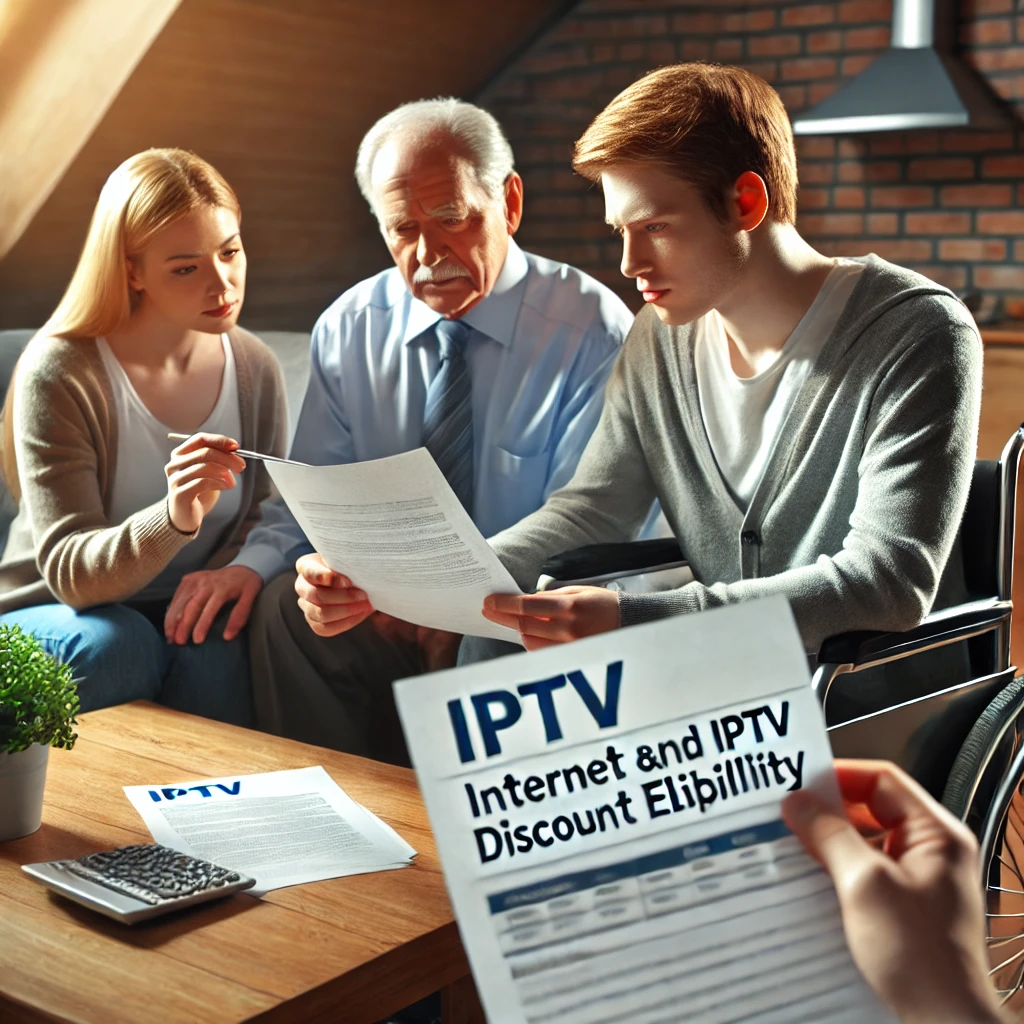 장애인이 가족과 함께 인터넷&middot;IPTV 요금 할인 서류를 검토하는 모습. 