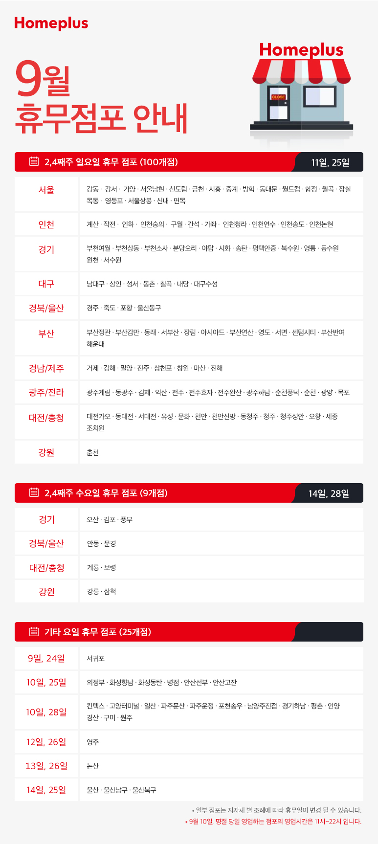  9월 추석연휴 대형마트 휴무 및 영업일 (홈플러스)