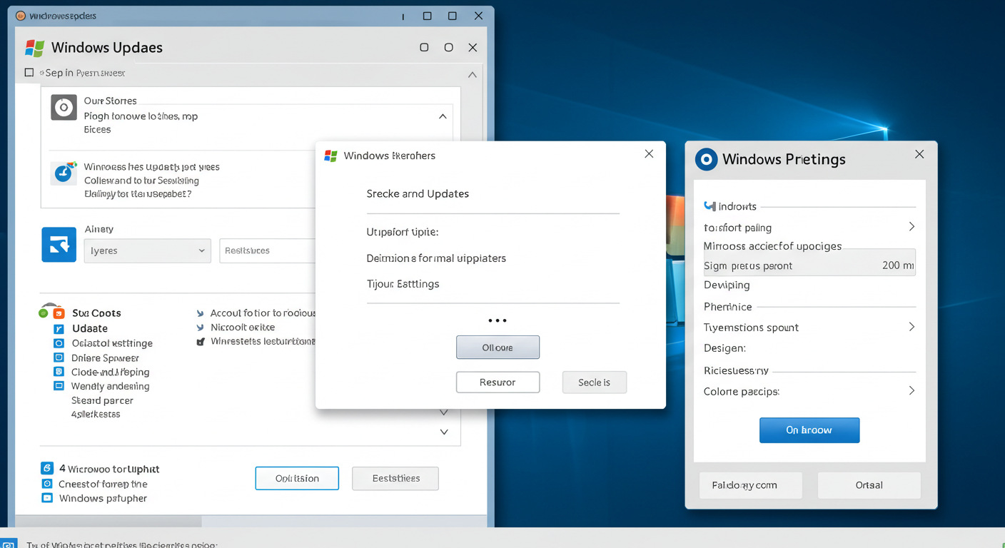 (Image Prompt: Screenshot collage showing the Windows Update screen checking for updates, the Microsoft account login prompt, and the Windows Privacy settings panel. Clear labels for each section. Style: Informative screengrab compilation.)