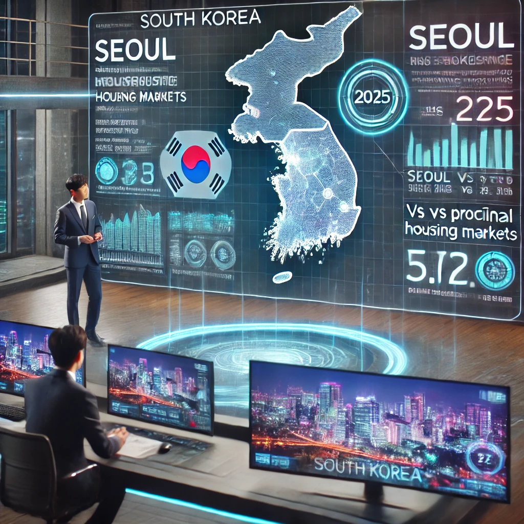 미래형 뉴스 방송에서 앵커가 서울과 지방의 부동산 시장 차이를 홀로그램 지도와 함께 설명하는 장면.