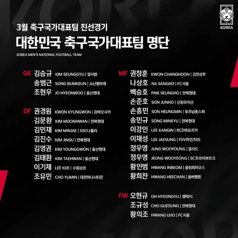 3월-축국국가대표팀-친선경기-명단