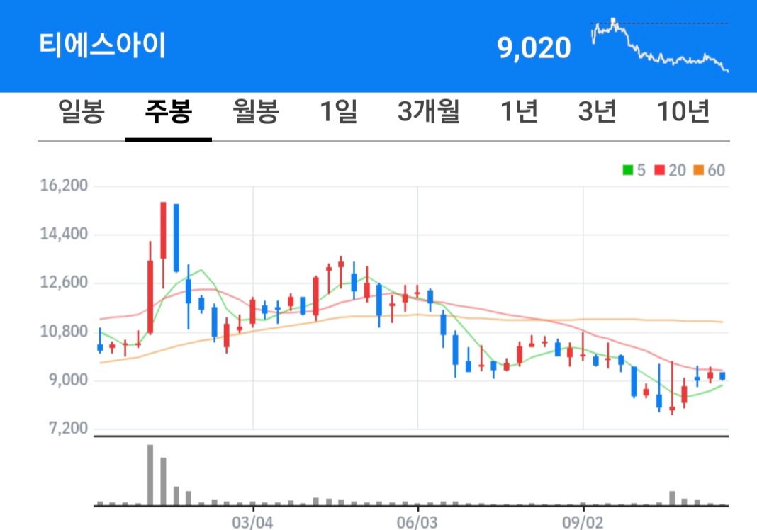 티에스아이 주식 차트