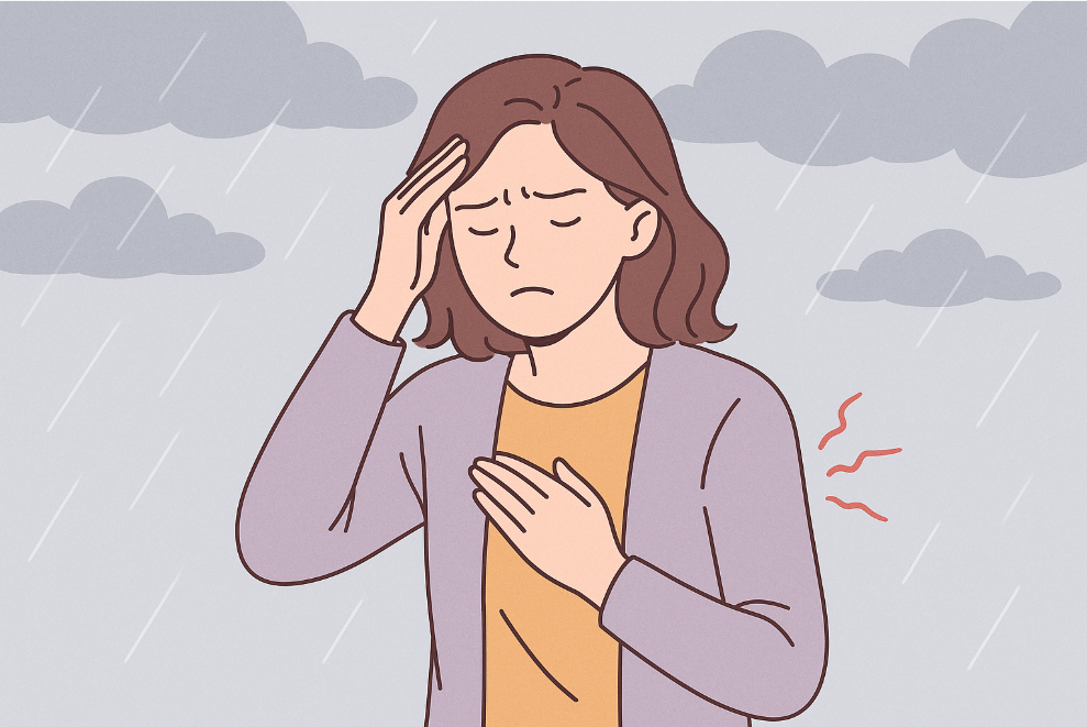 기상 통증을 겪는 여성 – 흐린 날씨와 어깨·두통 증상