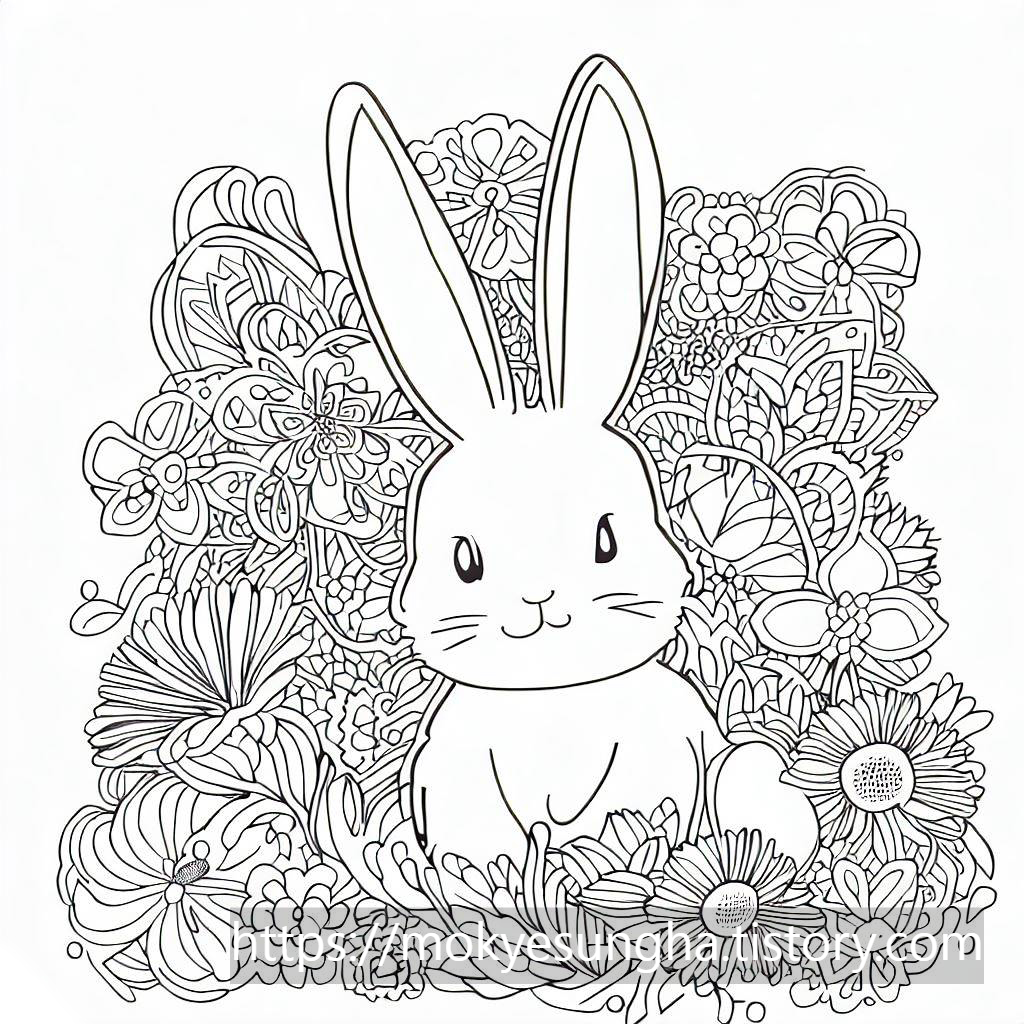 귀엽고 깜찍하며 꽃과 함께있는 토끼 색칠 도안