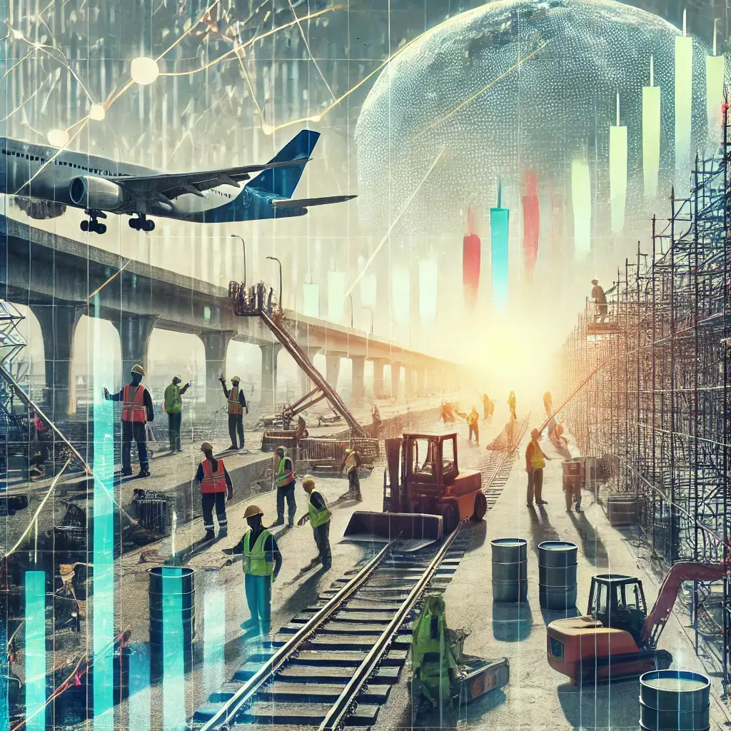 공항 사고 이후 재건 작업과 경제적 영향을 상징하는 이미지. 공항 인프라를 재건하는 작업자와 배경에 주식 시장 차트 및 금융 성장 지표가 포함되어 희망과 회복을 강조한 모습