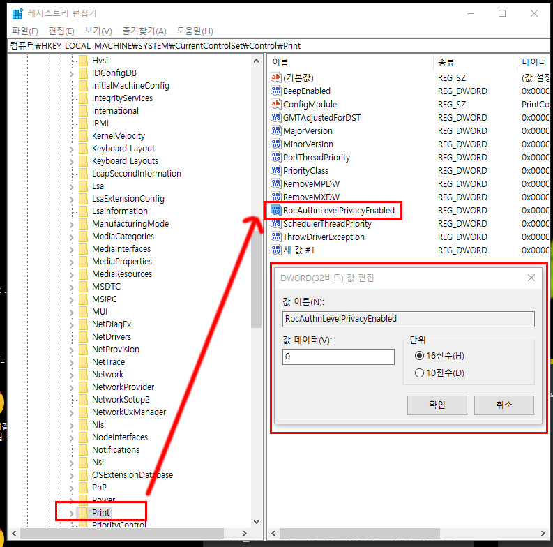 레지스트리 편집기에서 Print 항목을 선택합니다.
