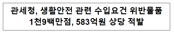  관세청, 생활안전 관련 수입요건 위반물품 1천9백만점, 583억원 상당 적발
