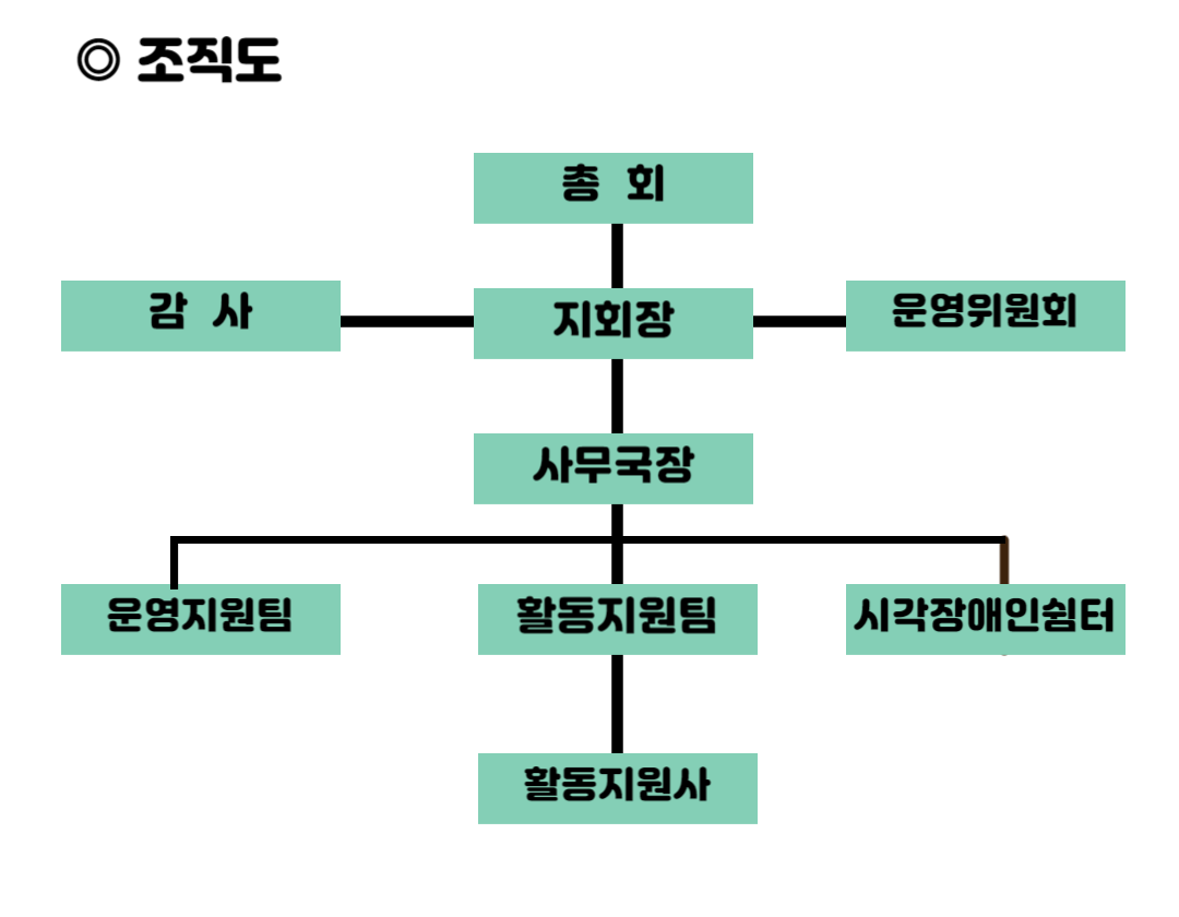 이미지설명: 동작지회 조직도 이미지. 상단의 총회가 있으며 아래로 좌측부터 감사, 지회장, 운영위원회가 있고 지회장 아래로 사무국장, 그 밑으로 좌측부터 운영지원팀, 활동지원팀, 시각장애인쉼터가 있고 활동지원팀 밑으로 활동지원사가 자리하고 있다.