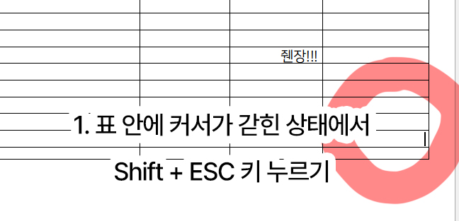 표 안에 갇힌 커서의 캡쳐 이미지와 갇힌 상태엣어 쉬프트키와 esc키를 누르라는 안내문구