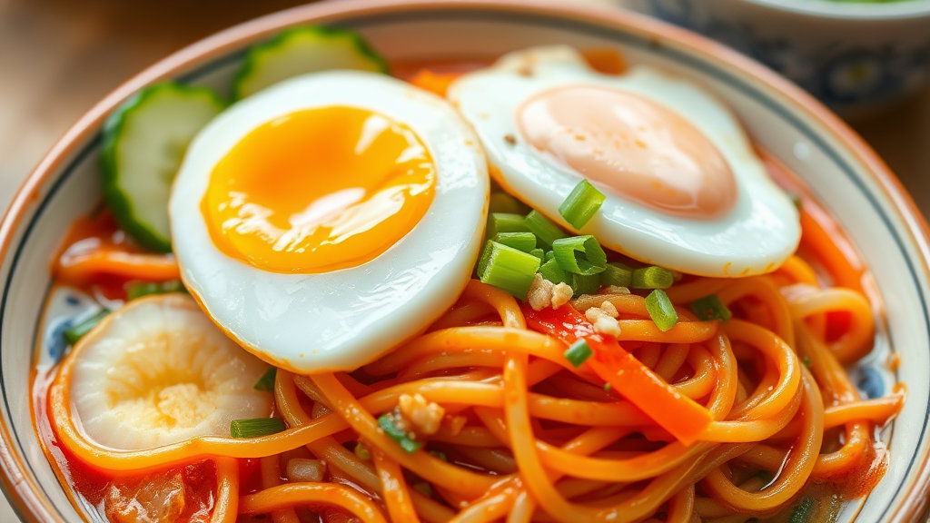 골뱅이비빔국수 위에 반으로 자른 삶은 달걀이나 먹음직스러운 계란후라이가 올려져 있는 모습.