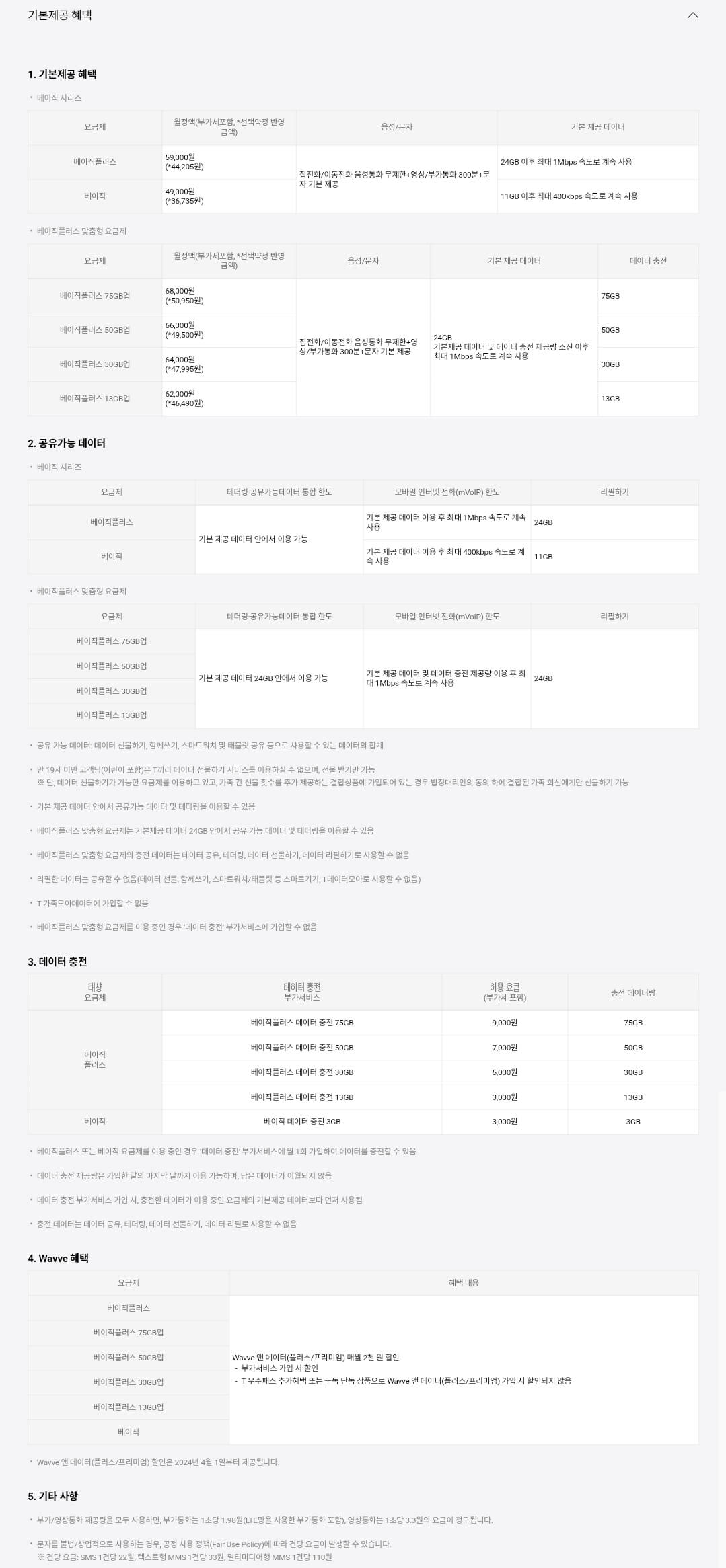SKT 베이직/베이직플러스 요금제별 이용요금, 음성/문자, 공유데이터, 혜택 등 안내
