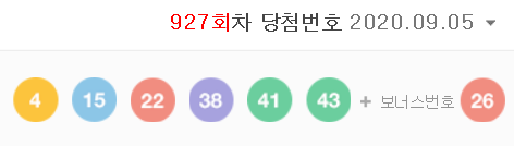 927회차 로또 당첨번호 (1등 당첨자는 6명으로 당첨금은 37억 1420만 원)