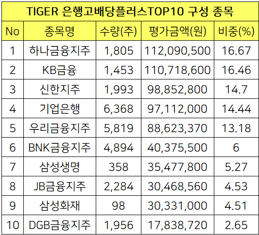 TIGER 은행고배당플러스TOP10 ETF 구성종목