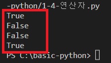 터미널에 출력된 비교연산자의 결과값