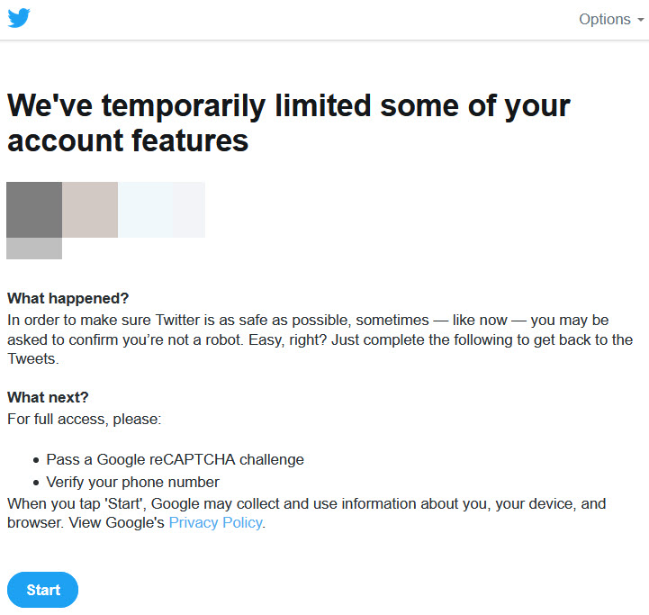  로봇 의심 후 전화번호 꼭 입력해야 하는 트위터
