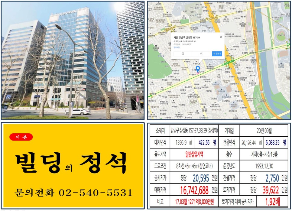  [강남구 삼성동 위워크빌딩 실거래가 조회] 삼성동 157-37,38,39 (삼성역) 1,674억2,688만 원, 연면적당 2,750만원 매매되었
