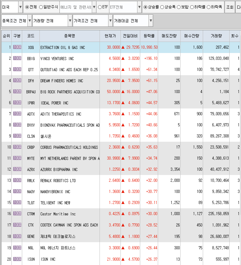  1월21일 미국주식 상승률 상위 종목 TOP 200