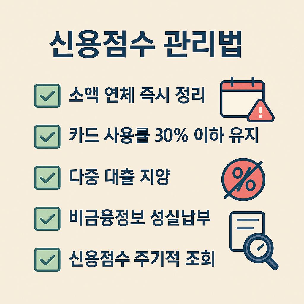 2025 신용점수 관리법 체크리스트 인포그래픽 - 소액연체 정리, 카드사용률 유지, 다중대출 지양, 비금융정보 납부, 주기적 조회