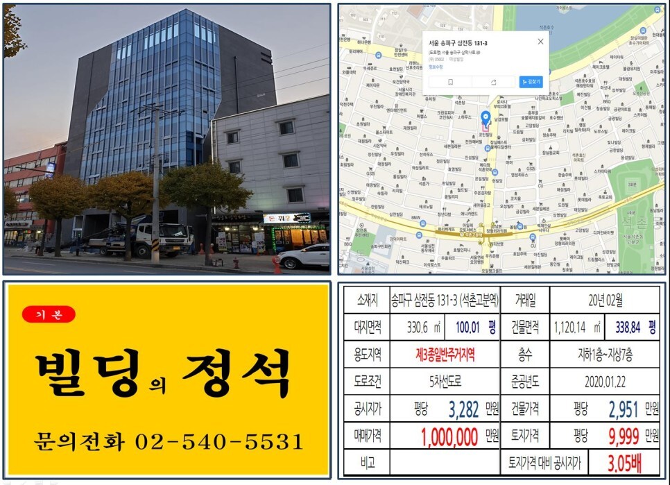  [송파구 신축빌딩 100억빌딩 실거래가 조회] 삼전동 131-3 (석촌고분역) 100억 원, 평당 9,999만 원 매매되었습니다. 석촌호수, 제