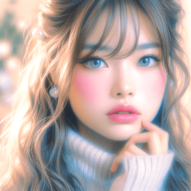 긴 머리 젊은 미녀가 정면을 바라본다. 두 눈은 크고 볼과 입술은 분홍색이다.