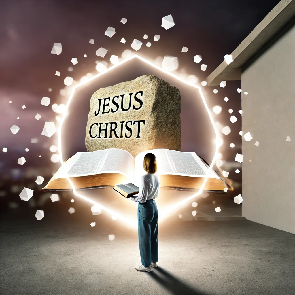 Here is the image reflecting a person contemplating the cornerstone of life&amp;#44; Jesus Christ&amp;#44; and focusing on God&amp;#39;s Word to guide their thoughts and actions. The scene emphasizes the idea of Christ holding everything together&amp;#44; as the person chooses to anchor their life in Him rather than their own efforts.