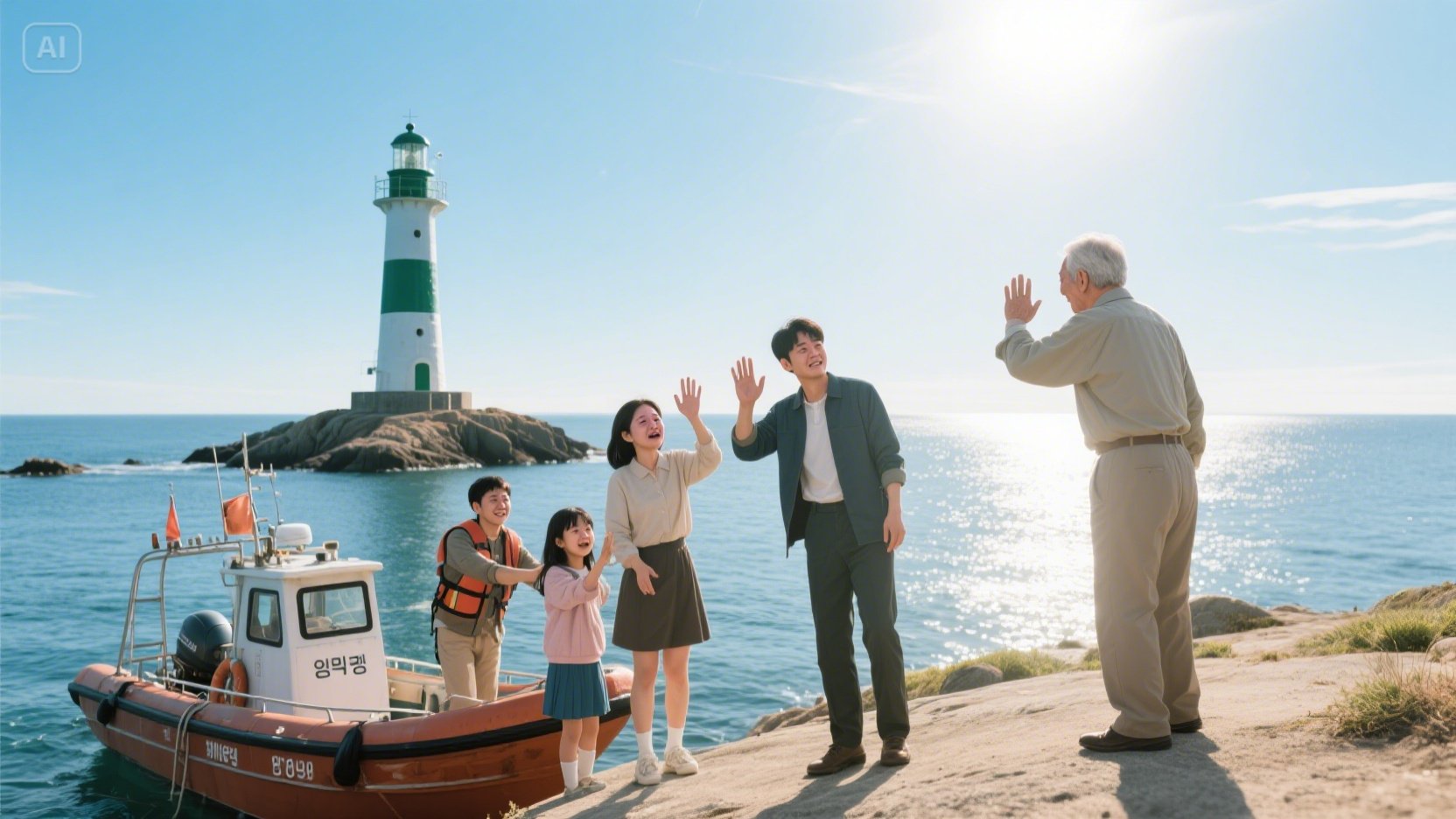 A bright, clear morning on the isolated island. The rescued family (Minjun, Jihye, Boram) is boardin....jpeg