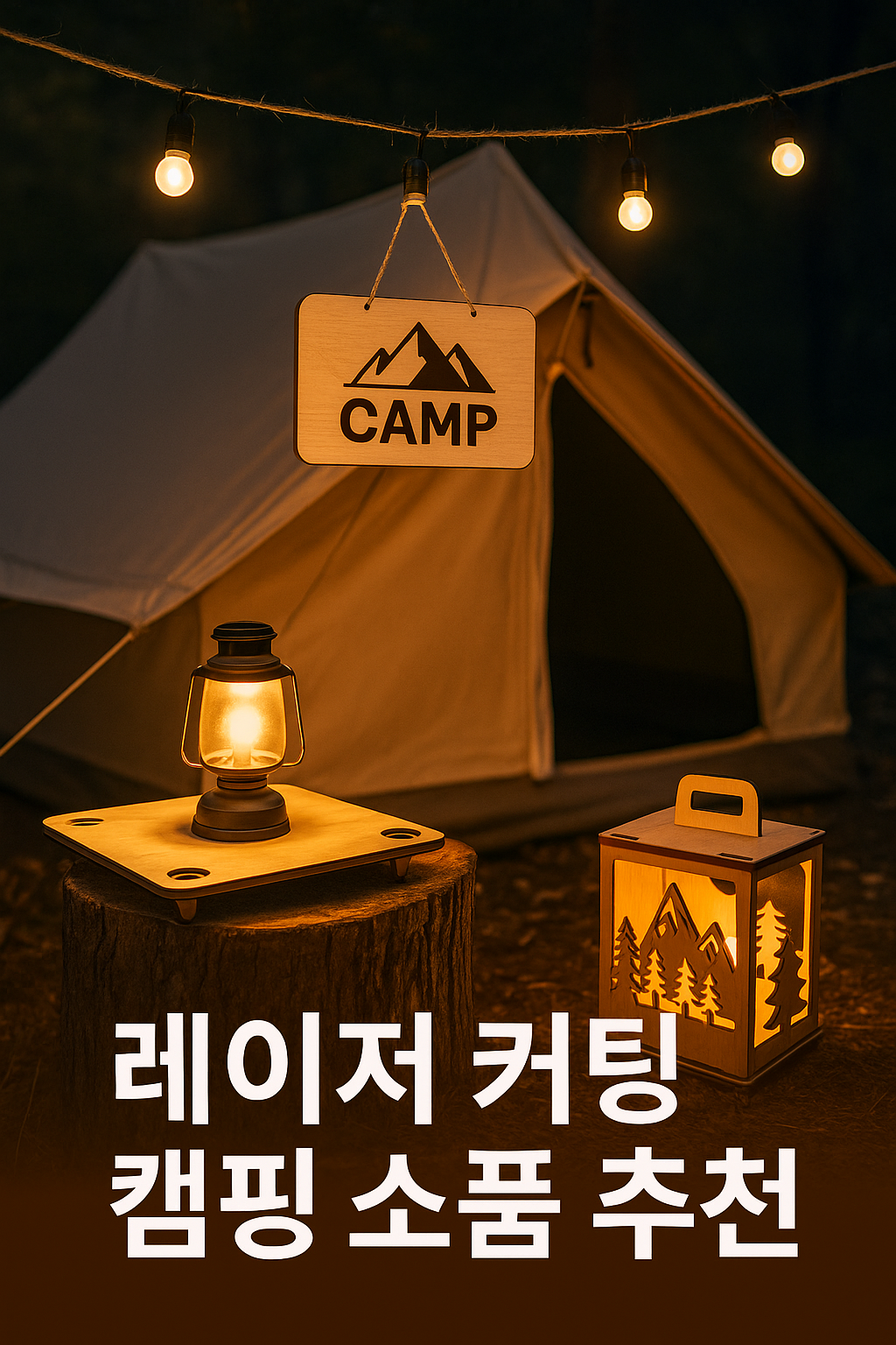 감성 캠핑 밤 풍경. 텐트 앞 테이블에 레이저 커팅으로 제작된 나무 명패, 무드등, 컵홀더가 조명을 밝히며 배치되어 있고, 따뜻한 조명이 캠핑 분위기를 연출하고 있다.