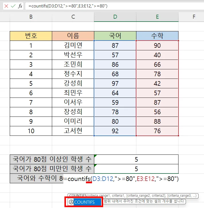 엑셀에서 카운트이프스 함수를 사용하는 모습