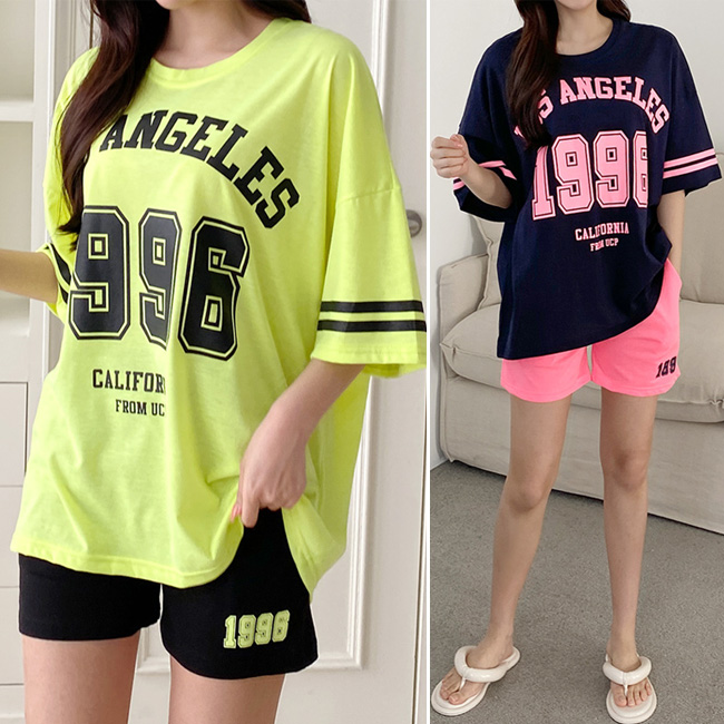  호캉스룩 데일리룩 으로 좋은 넘버 반팔 3부 반바지 세트