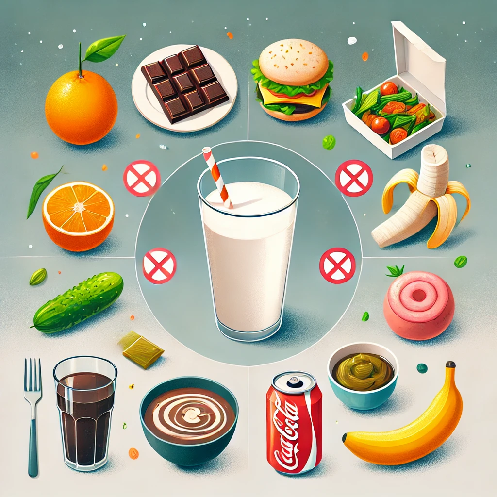 우유 한 잔을 중심으로 다양한 음식이 배치된 이미지입니다. 오렌지, 초콜릿, 녹차, 짠 음식(장아찌), 탄산음료(콜라), 바나나, 고구마 등이 우유 주변에 놓여 있으며, 각 음식 근처에는 빨간색 경고 표시(⚠)가 있어 함께 섭취하면 주의해야 함을 나타냅니다. 배경은 깔끔한 그라데이션으로 구성되어 있으며, 각 음식이 잘 보이도록 배치되었습니다