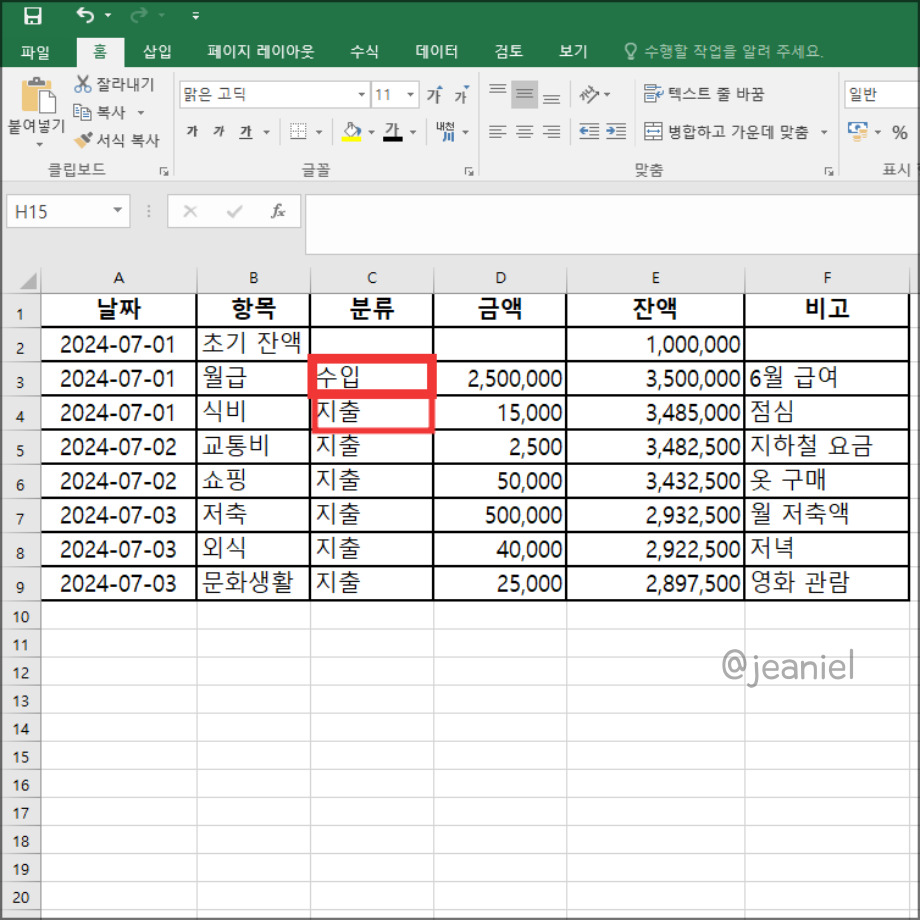 분류 항목에 수입과 지출을 입력한다.