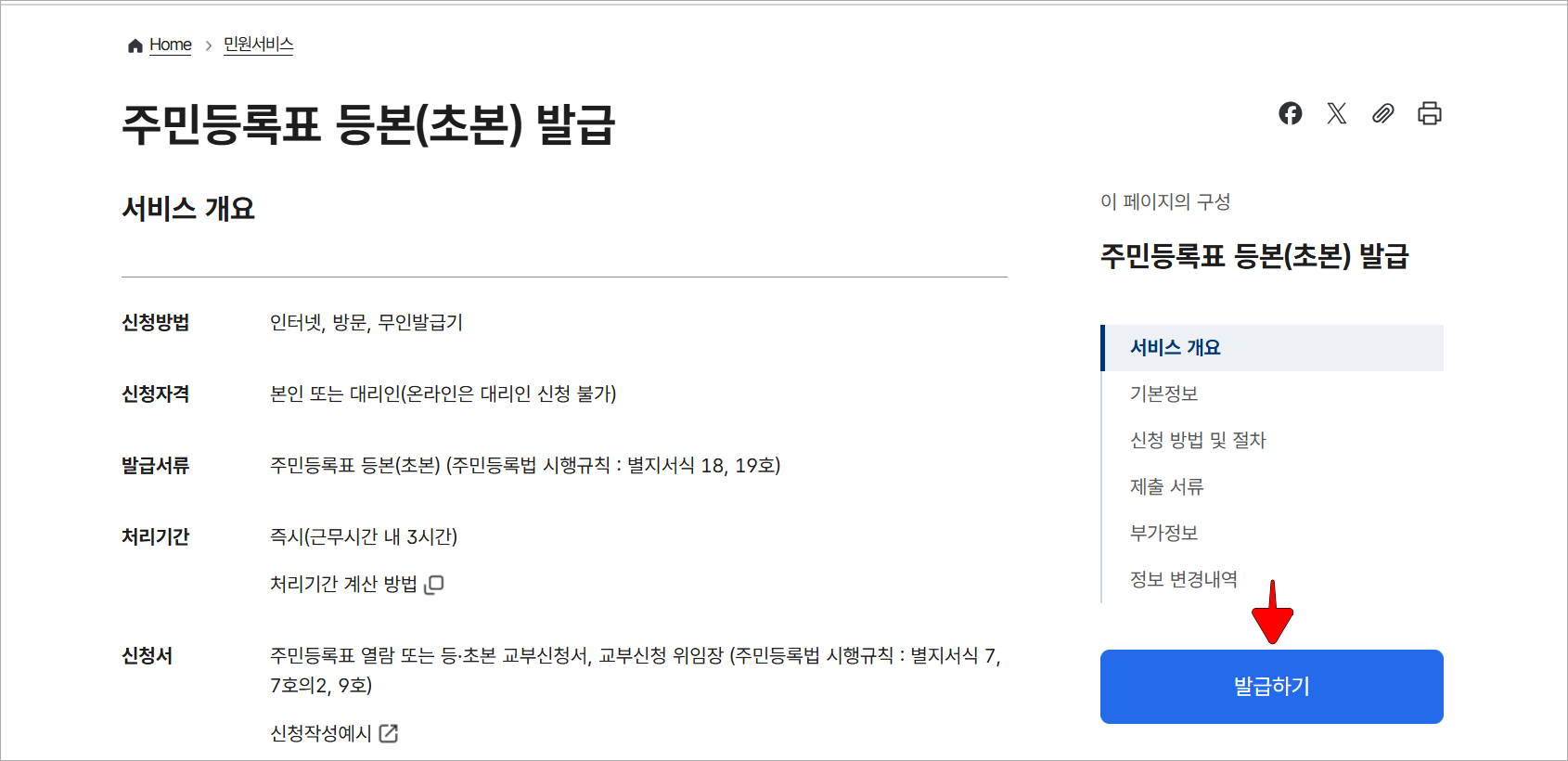 주민등록표 등본(초본) 발급 서비스에 대한 정보를 확인하고 '발급하기'를 선택