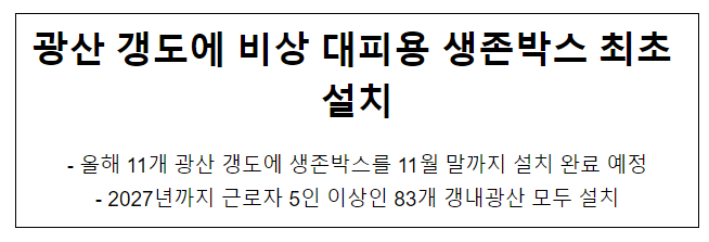  광산 갱도에 비상 대피용 생존박스 최초 설치