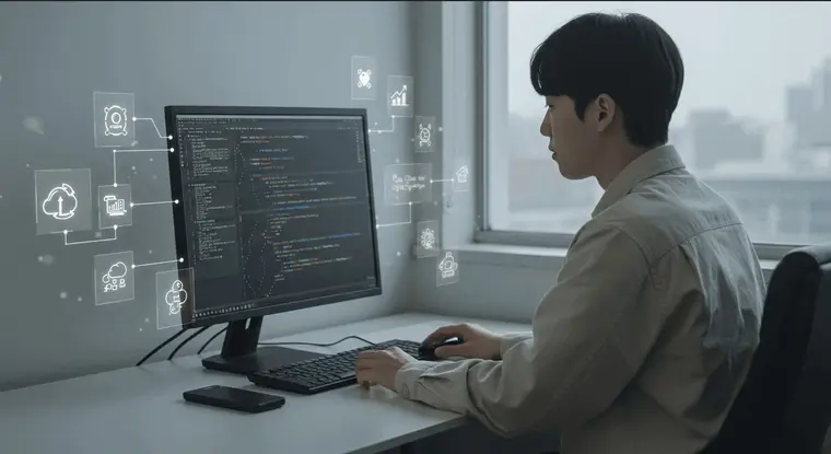 파이썬과 AI 개발을 공부하는 청년의 모습. 컴퓨터 화면에는 코드와 데이터 분석 도구가 보이며, 커리어 전환을 향한 실전 학습 분위기를 표현한 이미지.