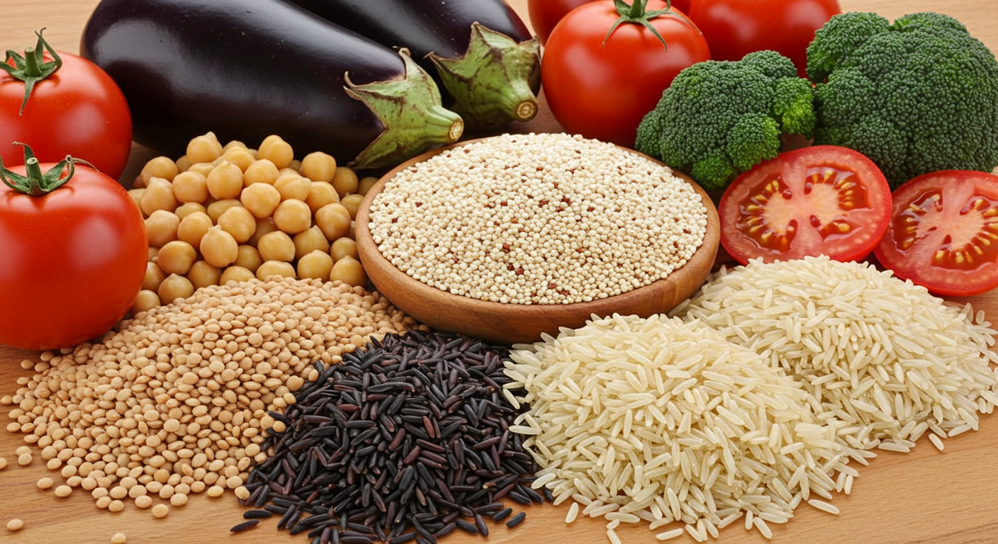 렌틸콩, 병아리콩, 가지, 토마토, 퀴노아, 현미