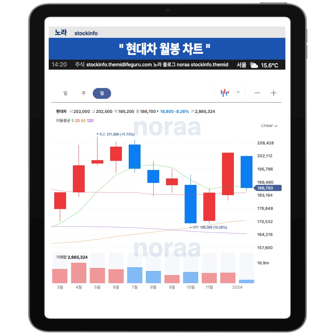 현대차 일봉 월봉 차트